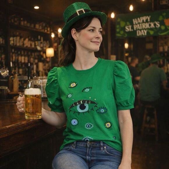 Women’s Emerald Green Evil Eye Puff Sleeve Tee, Everlynn Apparel, Large - Picture 2 of 8